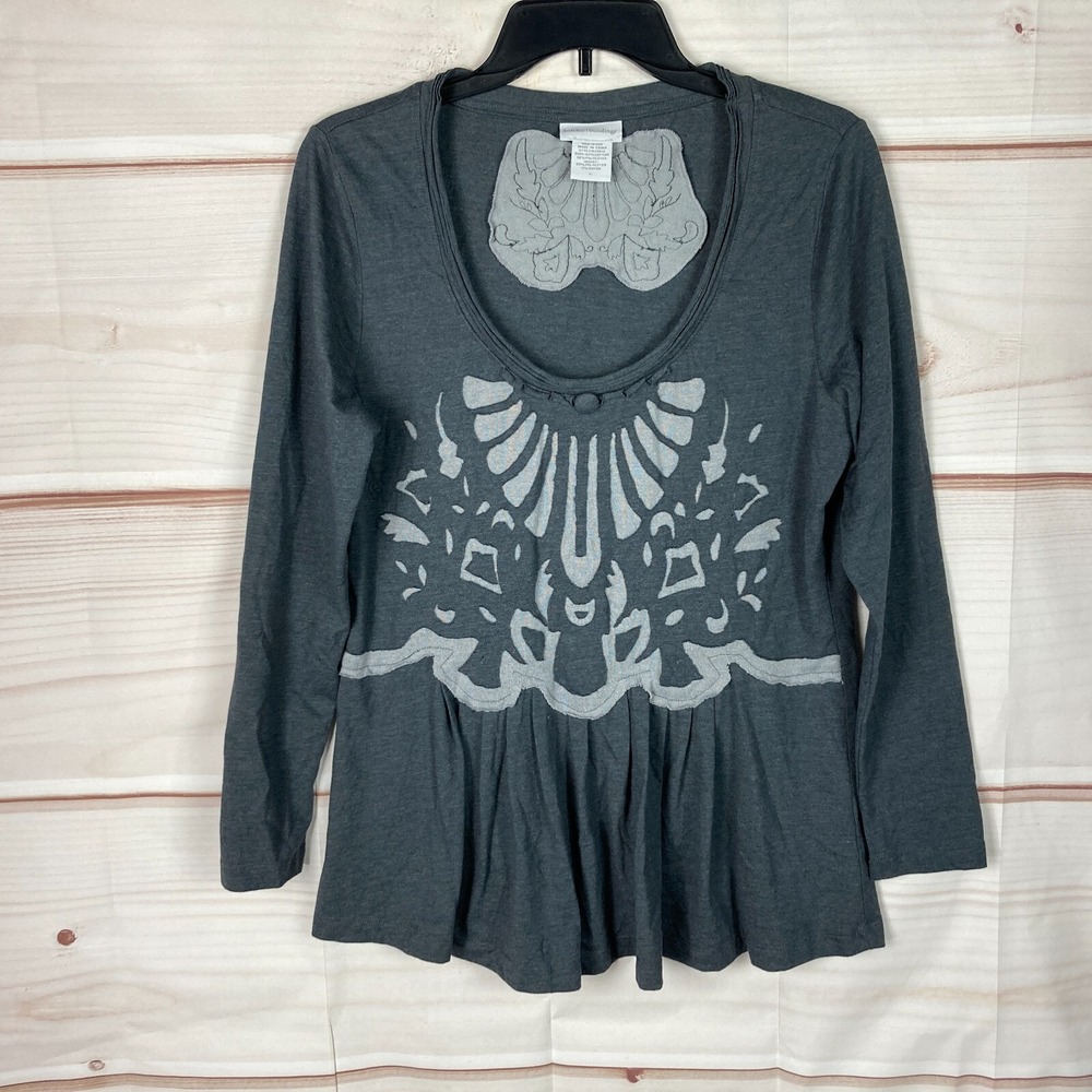 Soft Surroundings Top Women L Gray Peplum Blouse Scoop Neck Applique Long Sleeve